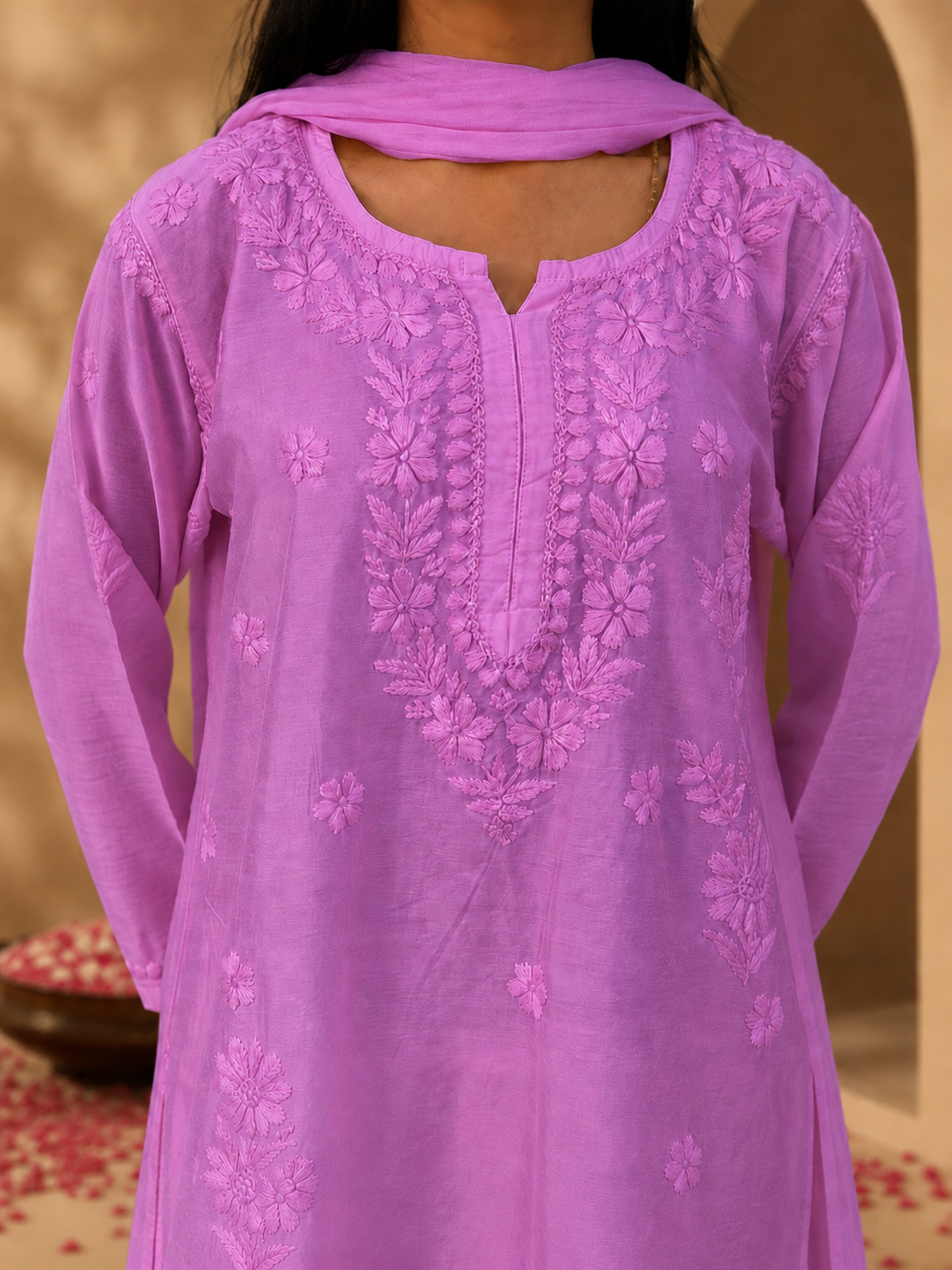 Kashvi Farshi set with dupatta featuring authentic-looking Chikankari floral embroidery and a flowing traditional silhouette suitable for festive and occasion wear.