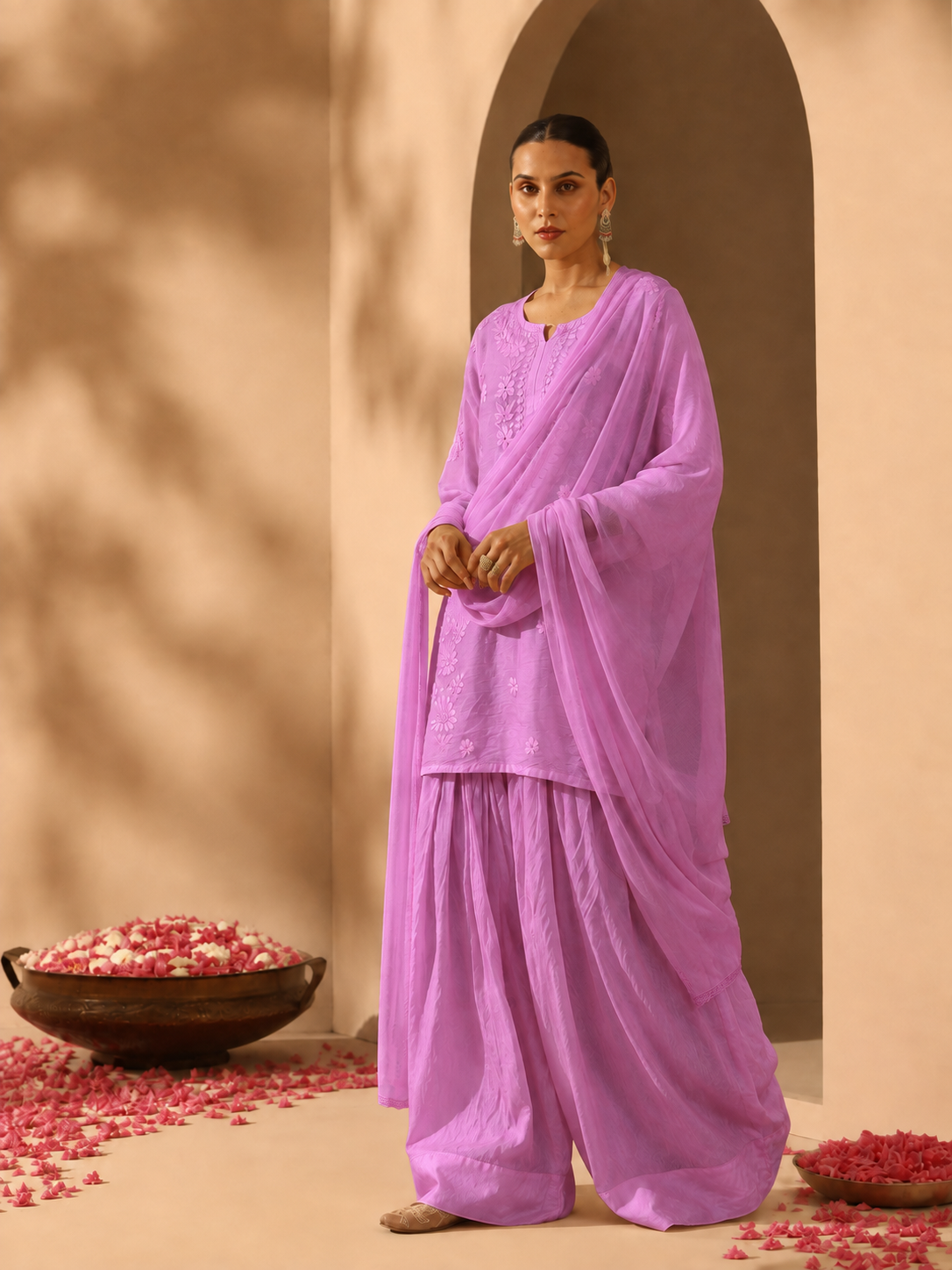 Kashvi Chanderi ethnic set for women featuring hand embroidered Chikankari kurta, dramatic Farshi-style salwar and matching dupatta for a timeless traditional look.