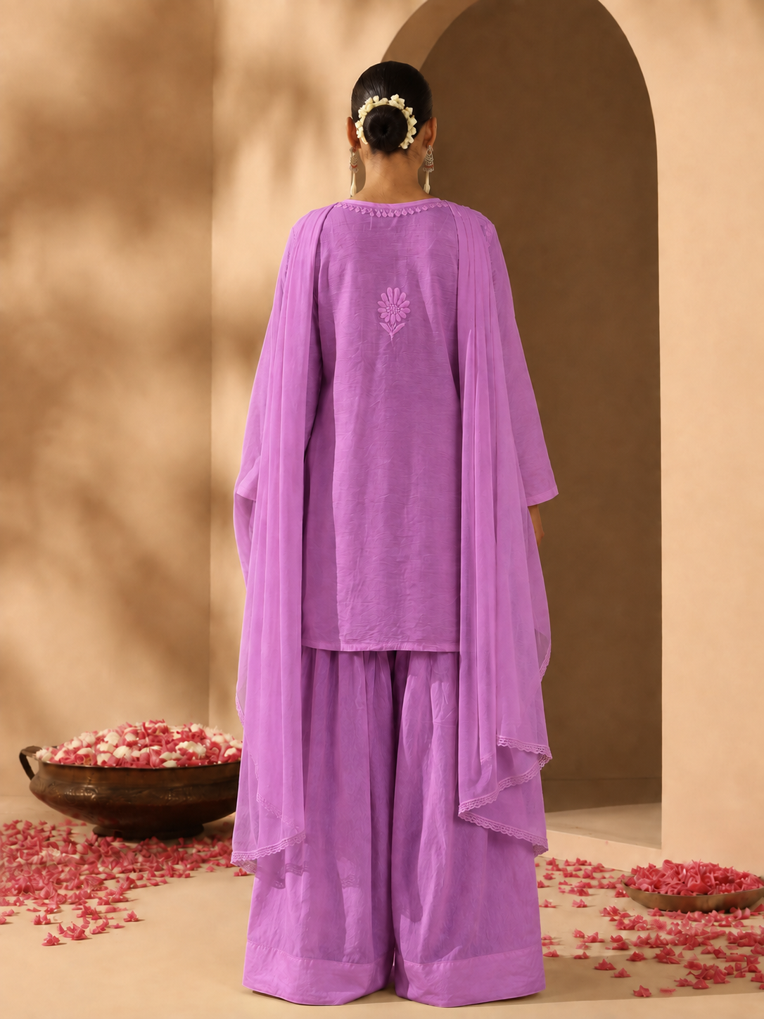 Traditional Chanderi Chikankari Farshi set for women combining intricate hand embroidery, a comfortable kurta, wide flowing salwar and matching dupatta for refined ethnic dressing.