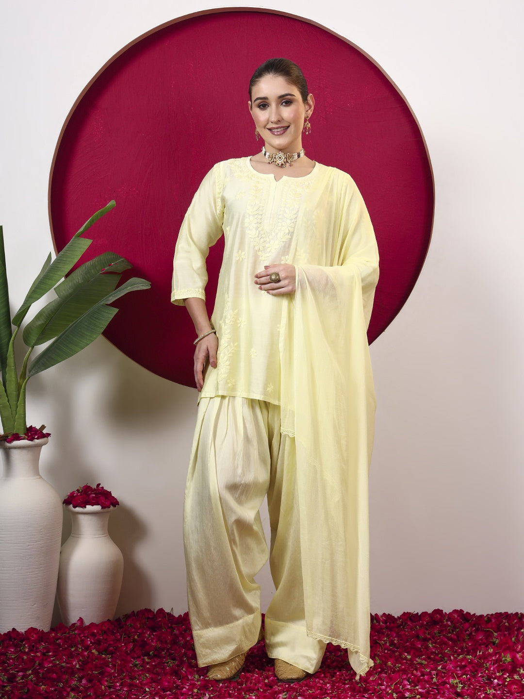 Kashvi Chanderi Chikankari Kurta Farshi Salwar Set with Dupatta - Yellow