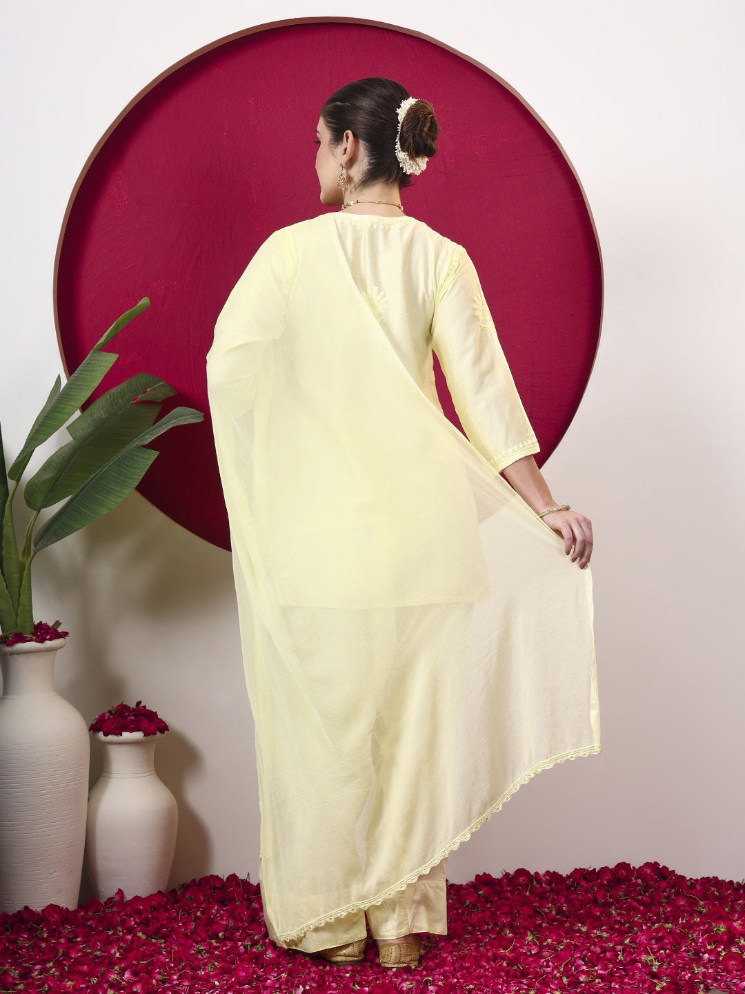 Kashvi Chanderi Chikankari Kurta Farshi Salwar Set with Dupatta - Yellow
