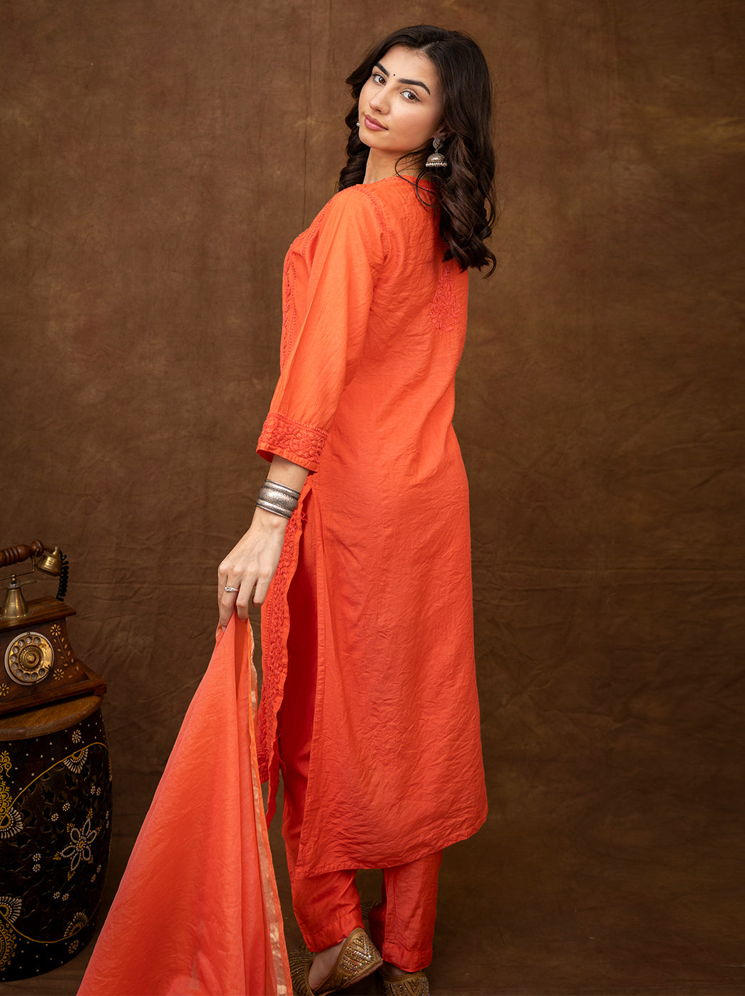 Full length view of chikankari kurta set with dupatta designed in straight fit suitable for festive and cultural occasions