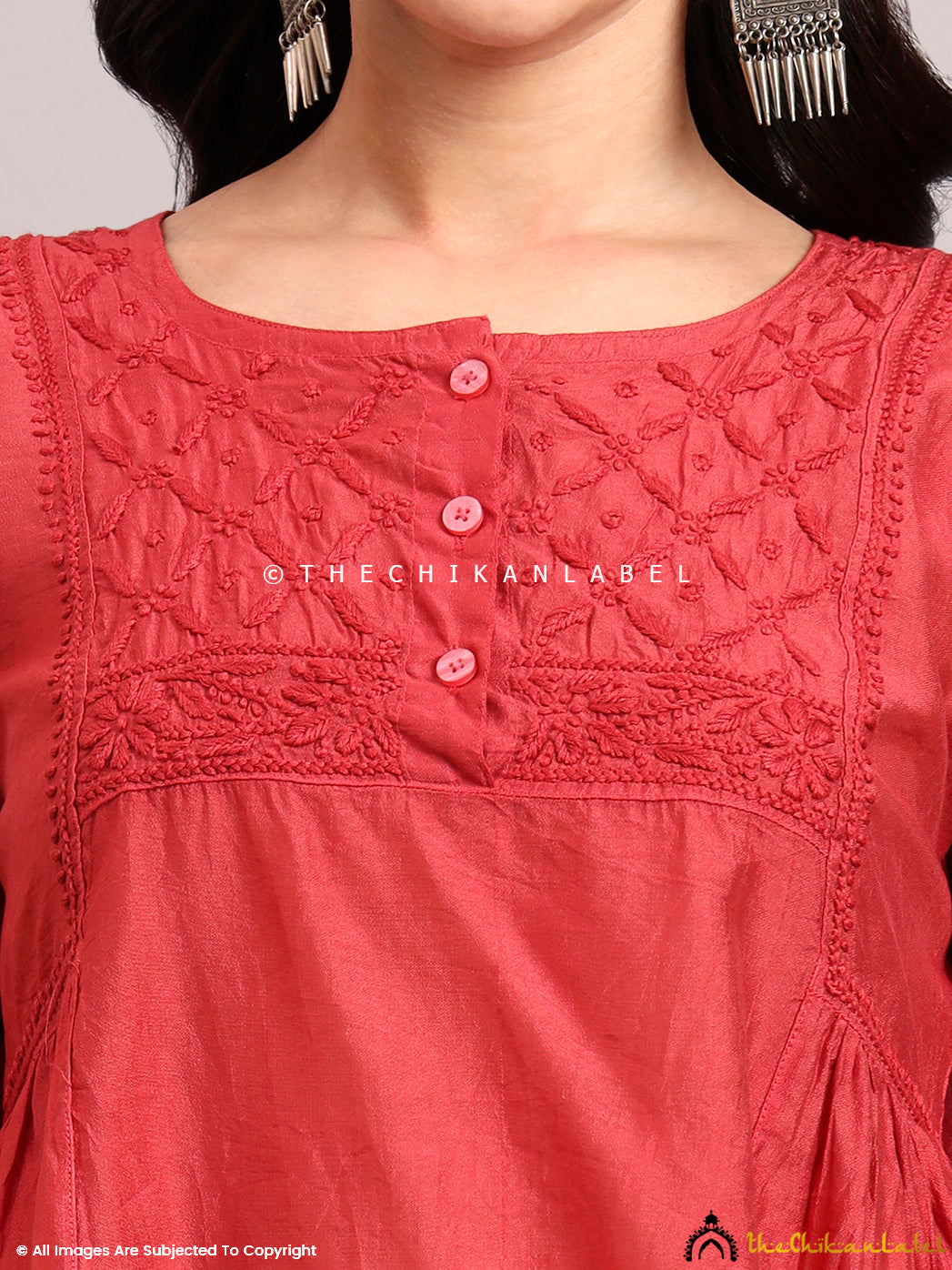 Chanderi short kurta designed with artisanal Chikankari motifs on the front panel, styled as a summer-ready short top