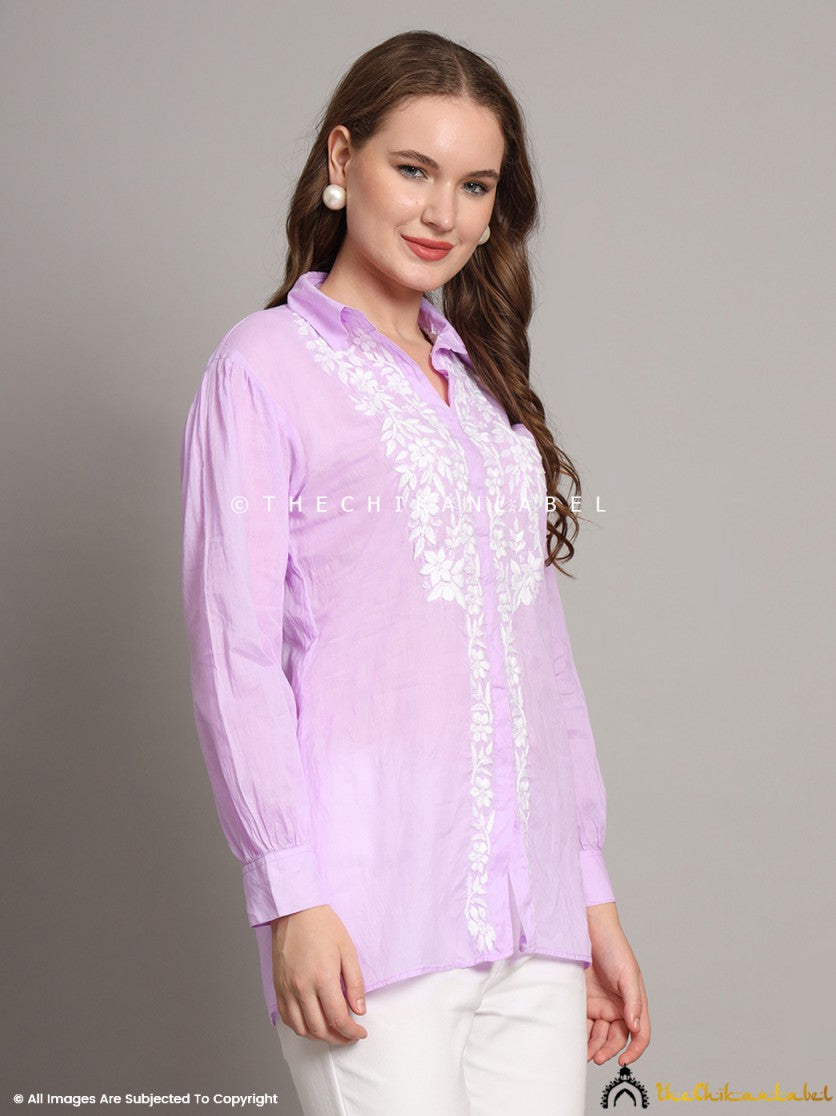Lavender chikankari shirt styled flat on a neutral background showcasing front embroidery and collar details.