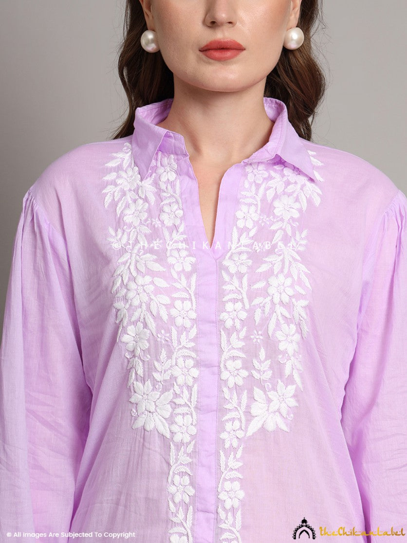Front view of lavender chikankari shirt with button-down design and floral embroidery