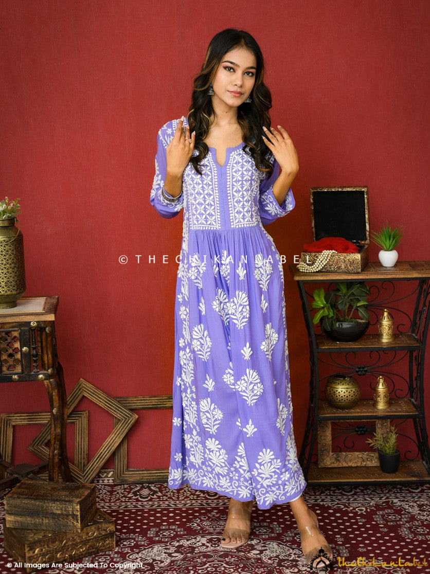 Front view of lavender chikankari kurti in modal fabric with floral motifs