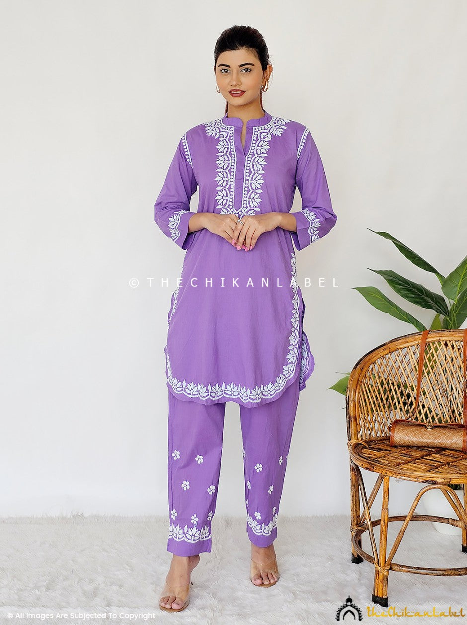 Women Lavender Cotton Embroidered Chikankari Kurta with Pant & Dupatta