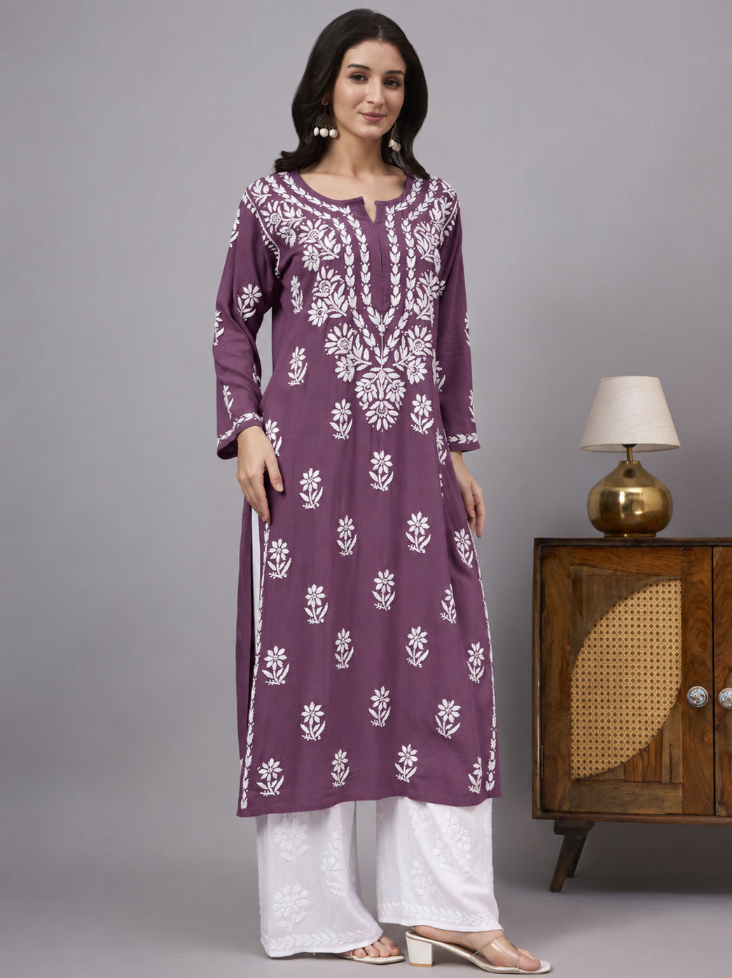 Liba Rayon Chikankari Straight Kurta - Dusty Orchid