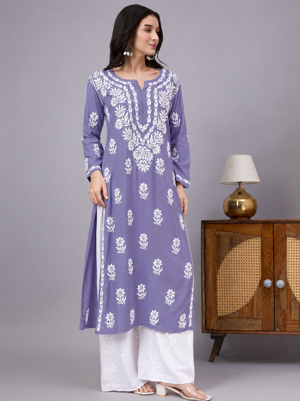 Liba Rayon Chikankari Straight Kurta - Lavender