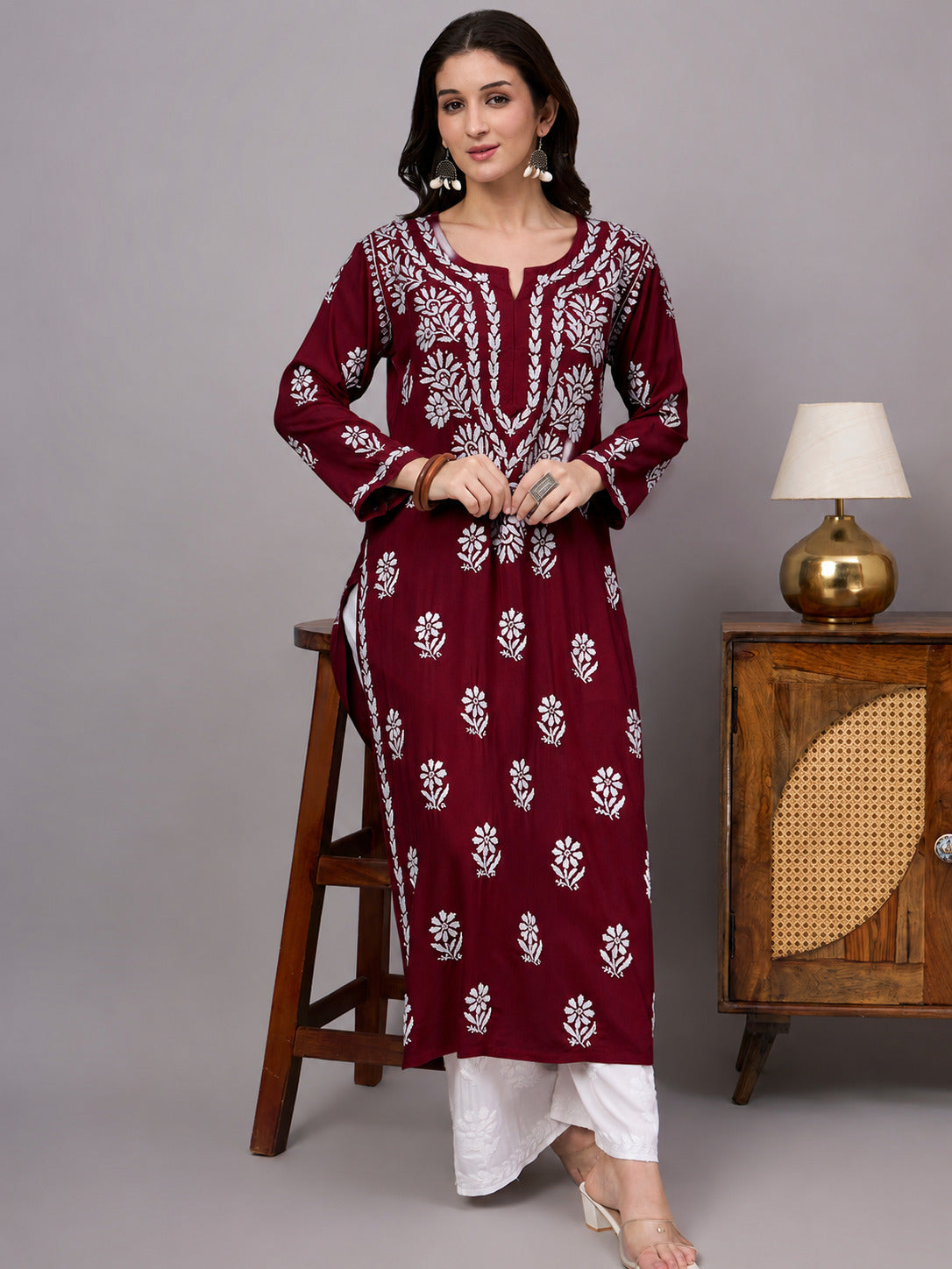 Traditional Rayon Straight Kurti with detailed handcrafted embroidery offering lightweight comfort, graceful styling, and versatile everyday wear.