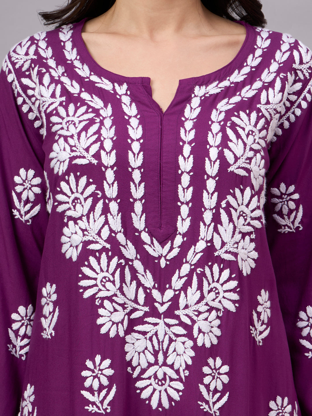 Women's handcrafted Chikankari Kurta with premium rayon fabric, elegant floral embroidery, classic neckline, straight fit, and timeless ethnic design for everyday elegance.
