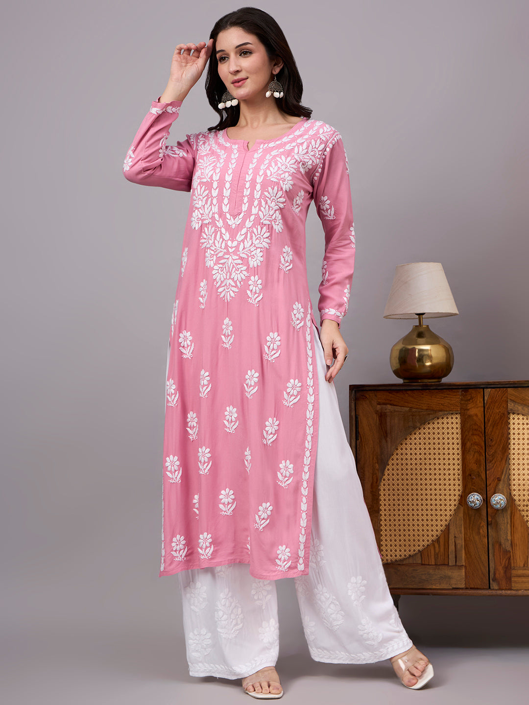 Elegant Rayon Straight Kurti showcasing traditional handcrafted Chikankari work with a classic straight silhouette suitable for office wear and casual occasions.