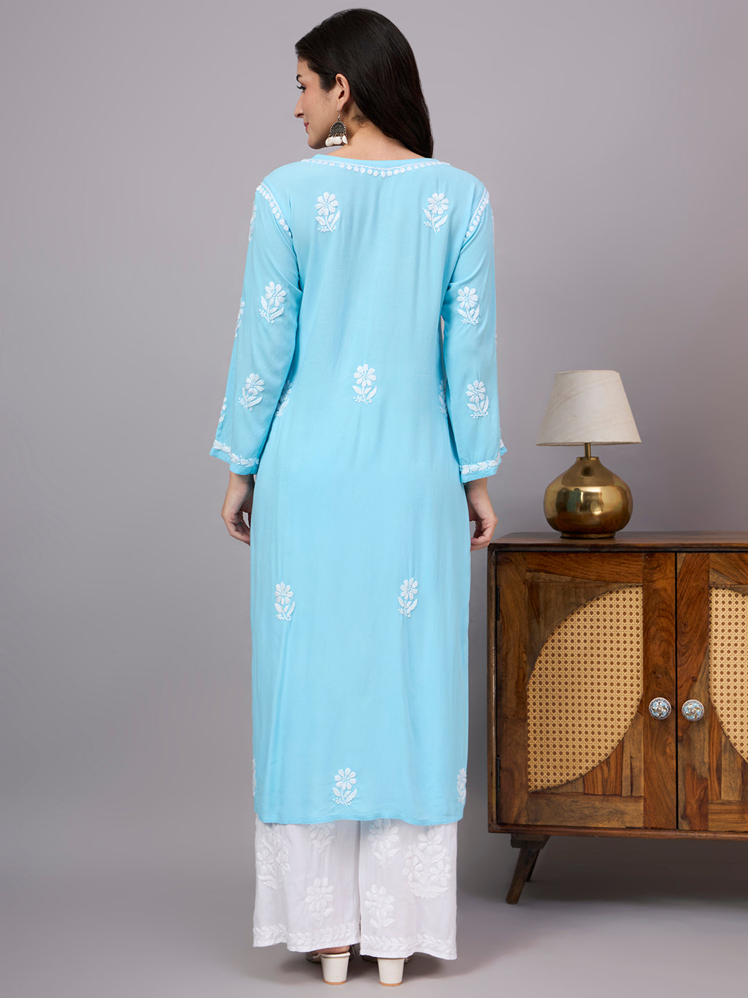 Liba Rayon Chikankari Straight Kurta - Sky Blue
