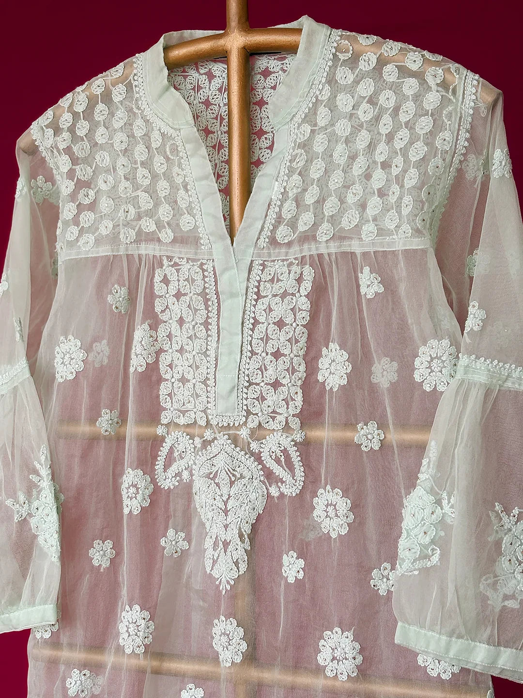 Aashna Organza Chikankari Short Kurta - Light Green