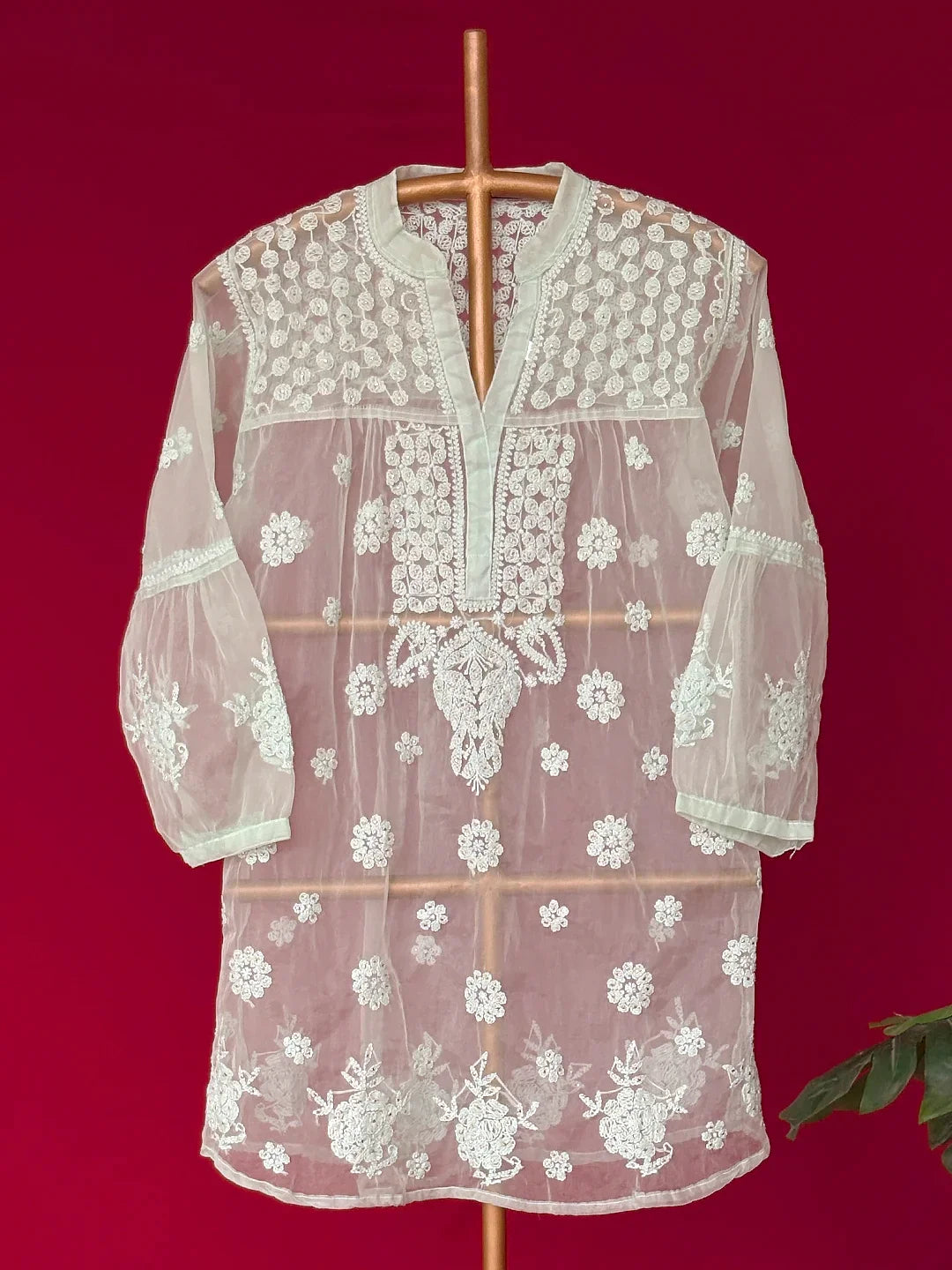 Aashna Organza Chikankari Short Kurta - Light Green