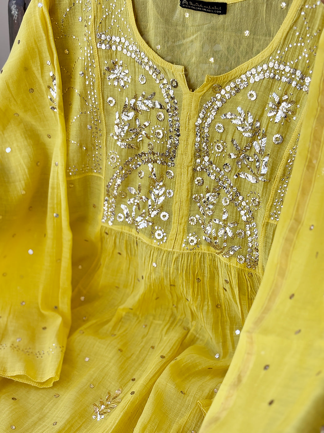 Lime Yellow Mayra Mulmul Chanderi Semi-stitched Chikankari Anarkali