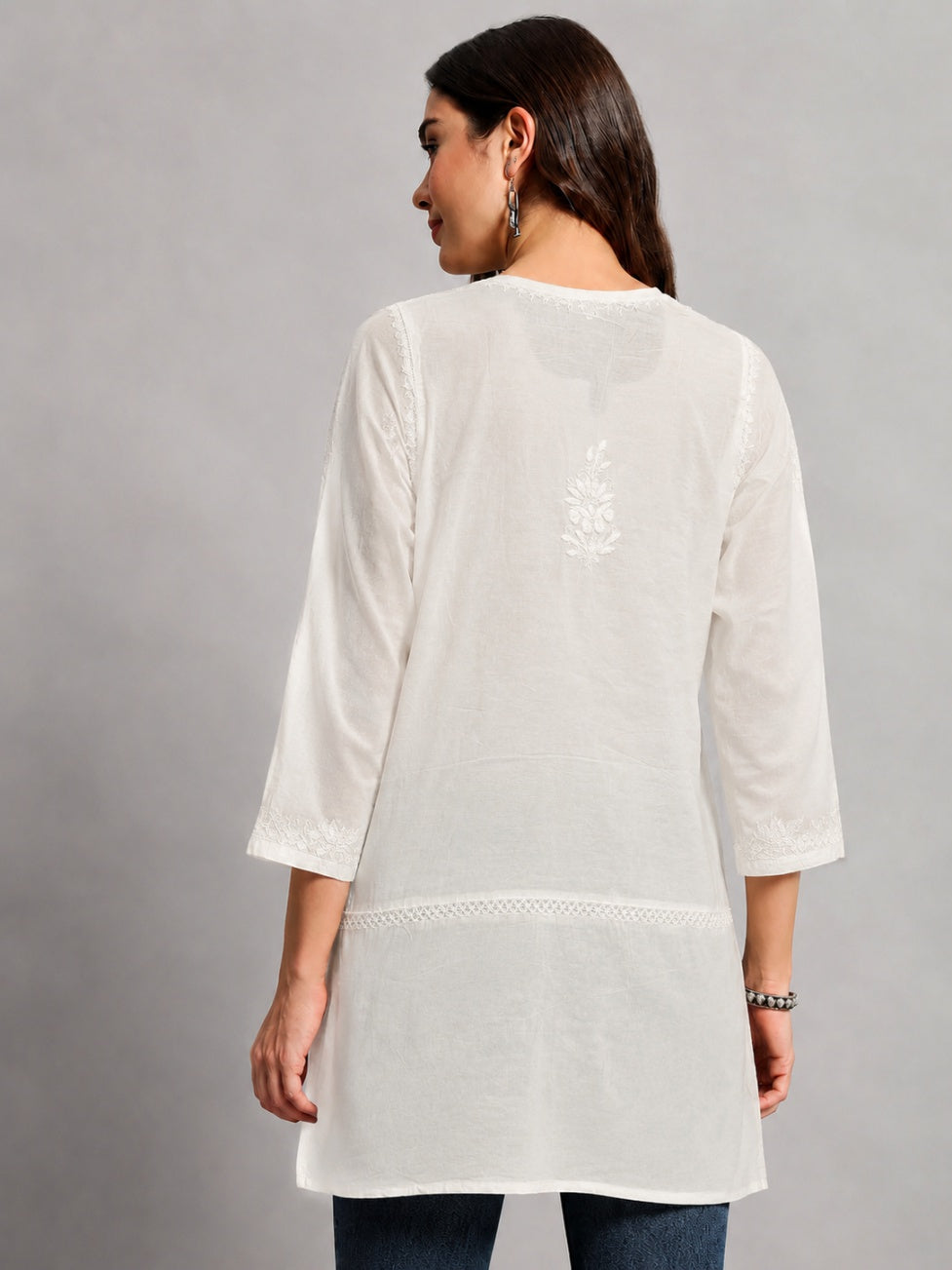 Premium Chanderi Chikankari Short Kurta designed with traditional thread embroidery, breathable fabric, and stylish short kurti silhouette