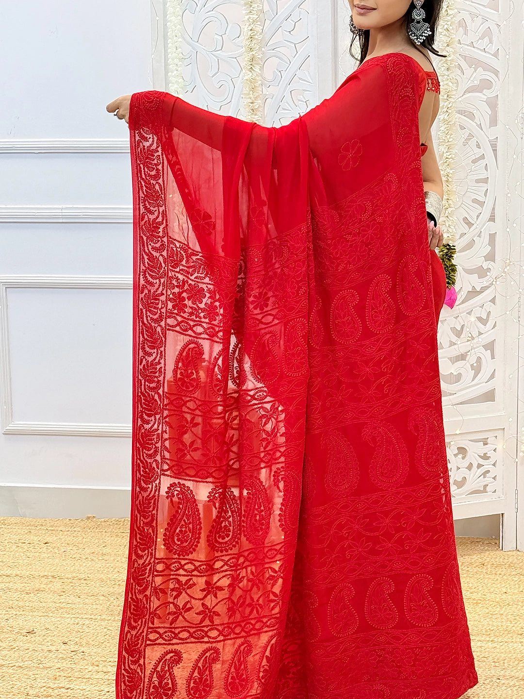 Lightweight viscose fabric saree with authentic chikankari embroidery designed for festive and wedding wear.