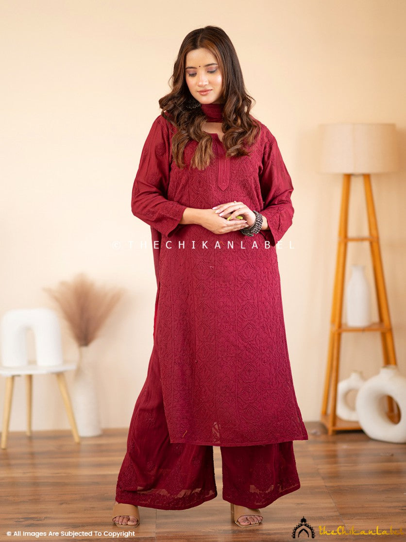 Maroon Aria Viscose Chikankari Kurta Set ,Chikankari Kurta Set in Viscose Fabric For Woman