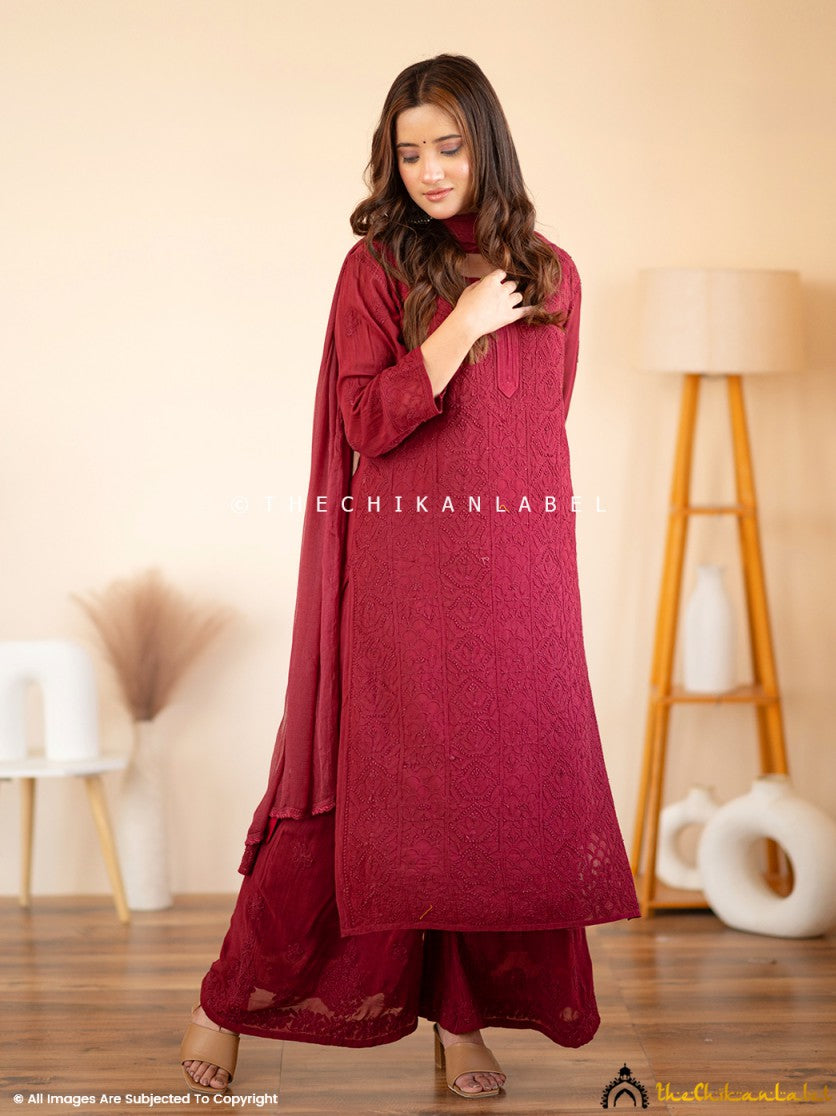 Maroon Aria Viscose Chikankari Kurta Set ,Chikankari Kurta Set in Viscose Fabric For Woman