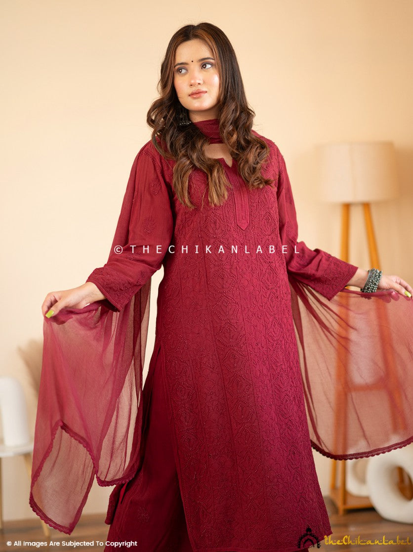 Maroon Aria Viscose Chikankari Kurta Set ,Chikankari Kurta Set in Viscose Fabric For Woman