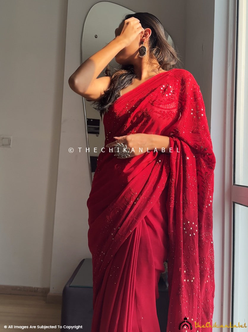 Maroon Viscose Chikankari Saree for Women 2
