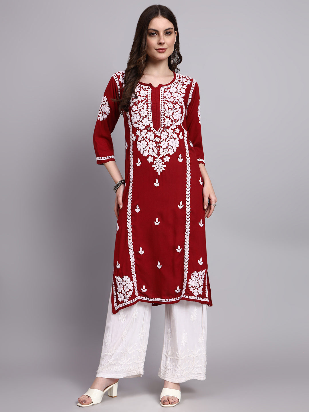 Classic chikankari long kurta crafted by skilled artisans featuring traditional embroidery and modern straight silhouette