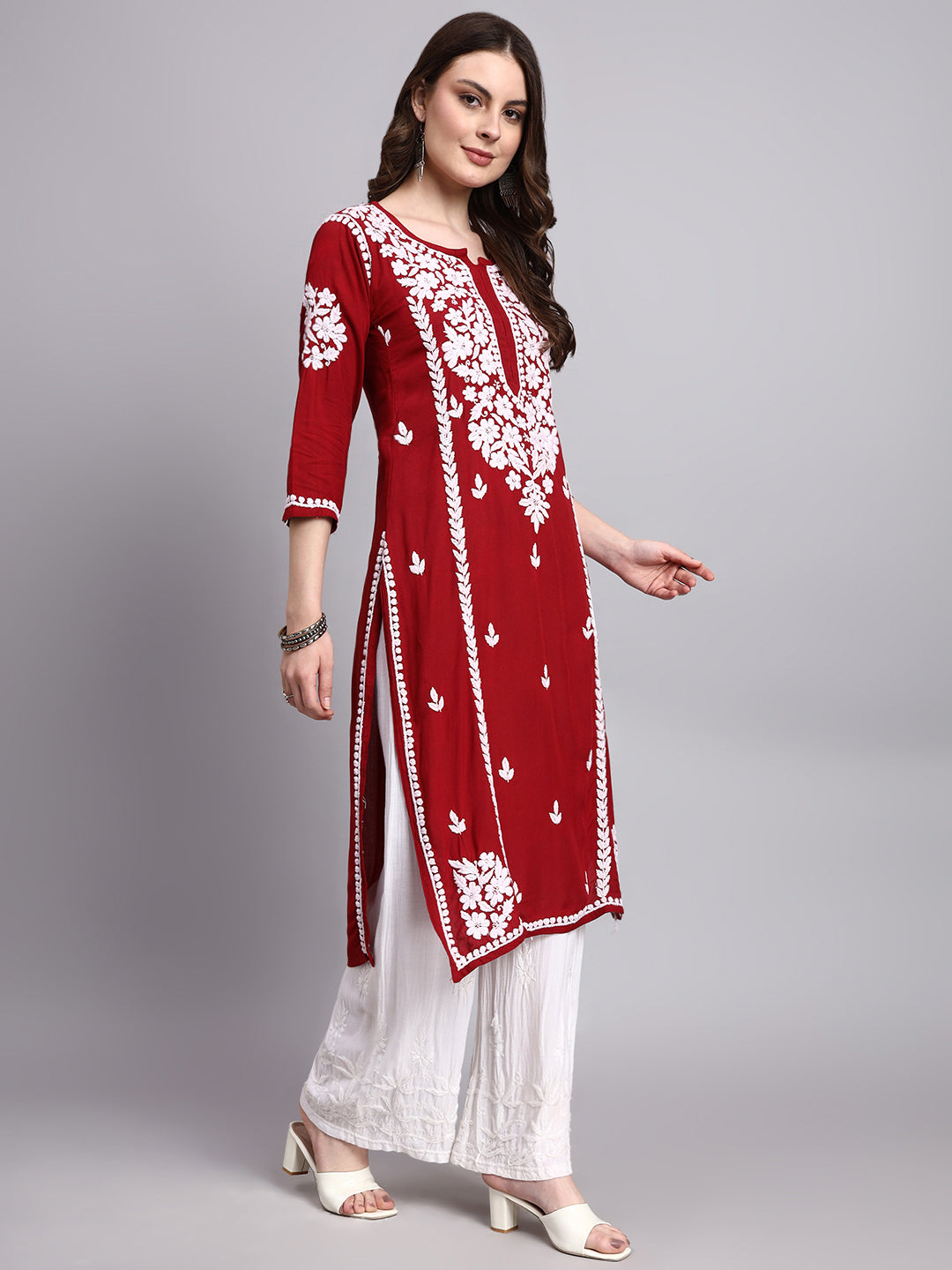 Rayon chikankari long kurta designed for all-day comfort with artisan embroidery and minimal elegant styling