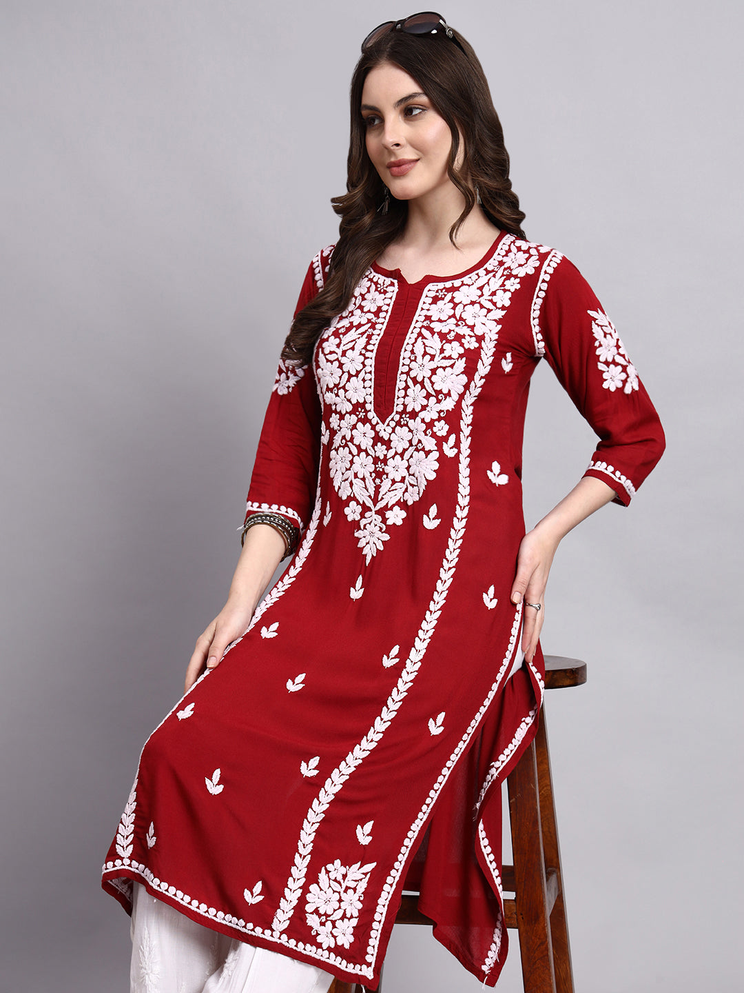 Misha Rayon Chikankari Straight Kurta - Maroon