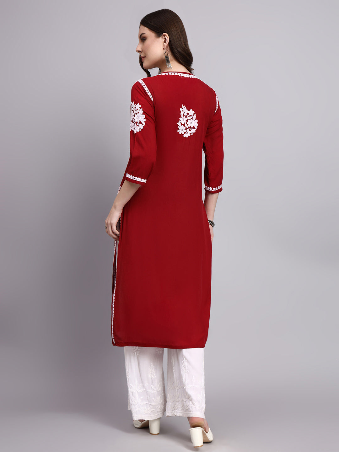 Authentic chikankari embroidered long kurta for women highlighting fine craftsmanship breathable rayon fabric and elegant fall