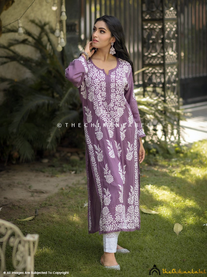 Full-length view of traditional Lucknowi chikankari kurti