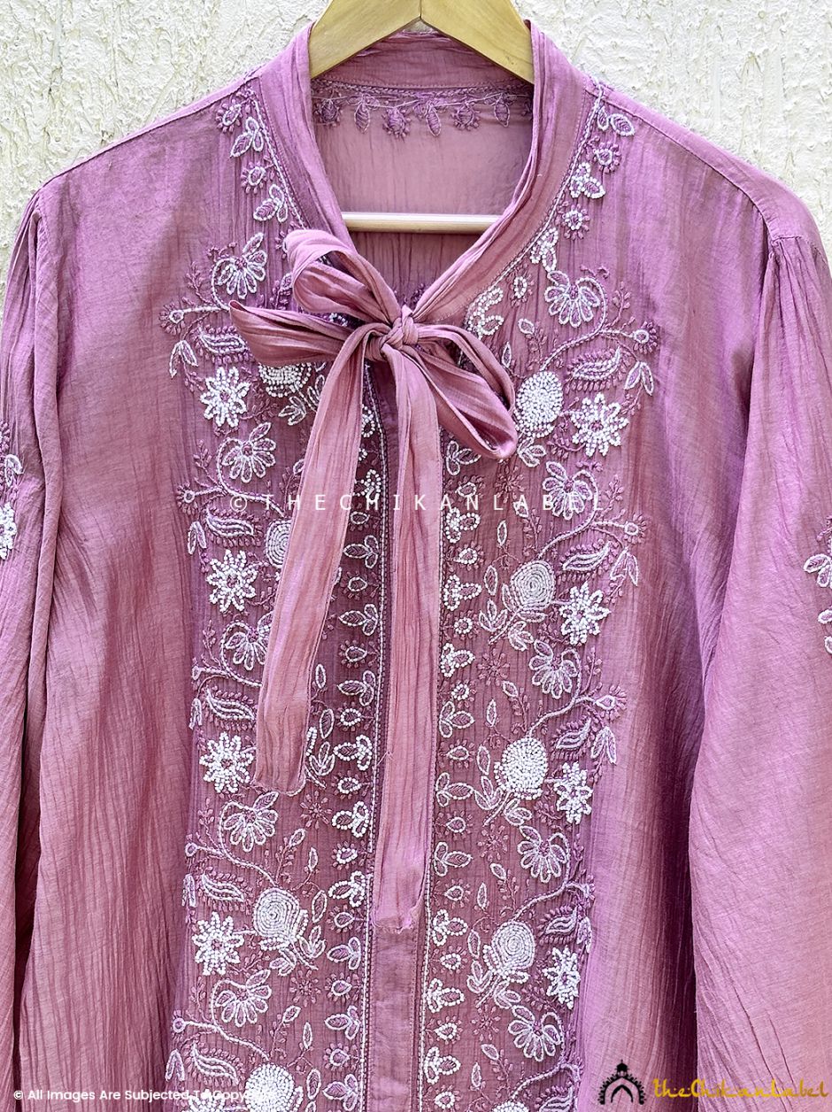 Mauve Anvi Mulmul Chanderi Semi-stitched Chikankari Shirt