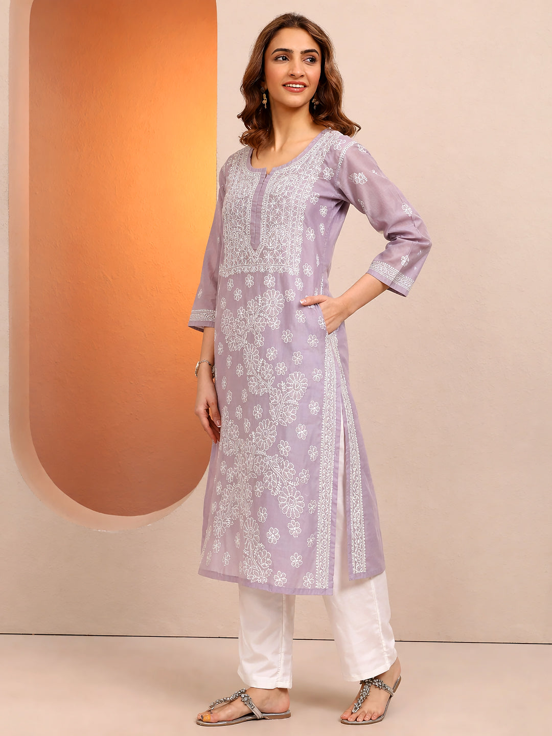 Elegant cotton straight kurti showcasing traditional chikankari work ideal for office wear and casual styling