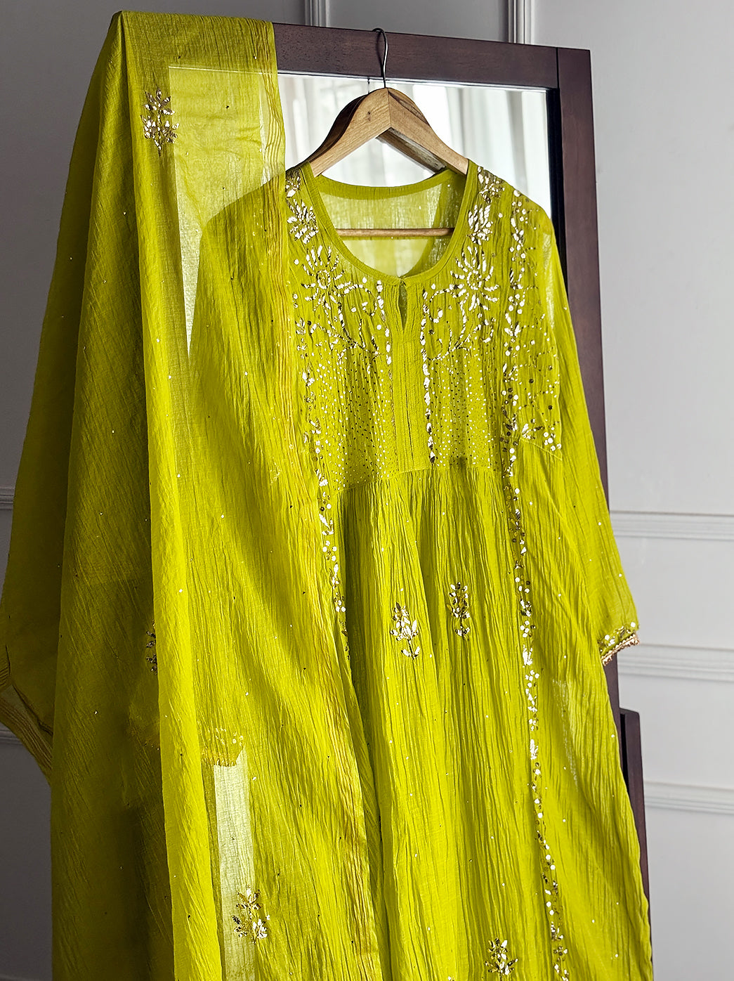 Mayra Mulmul Chanderi Semi-stitched Chikankari Anarkali - Green