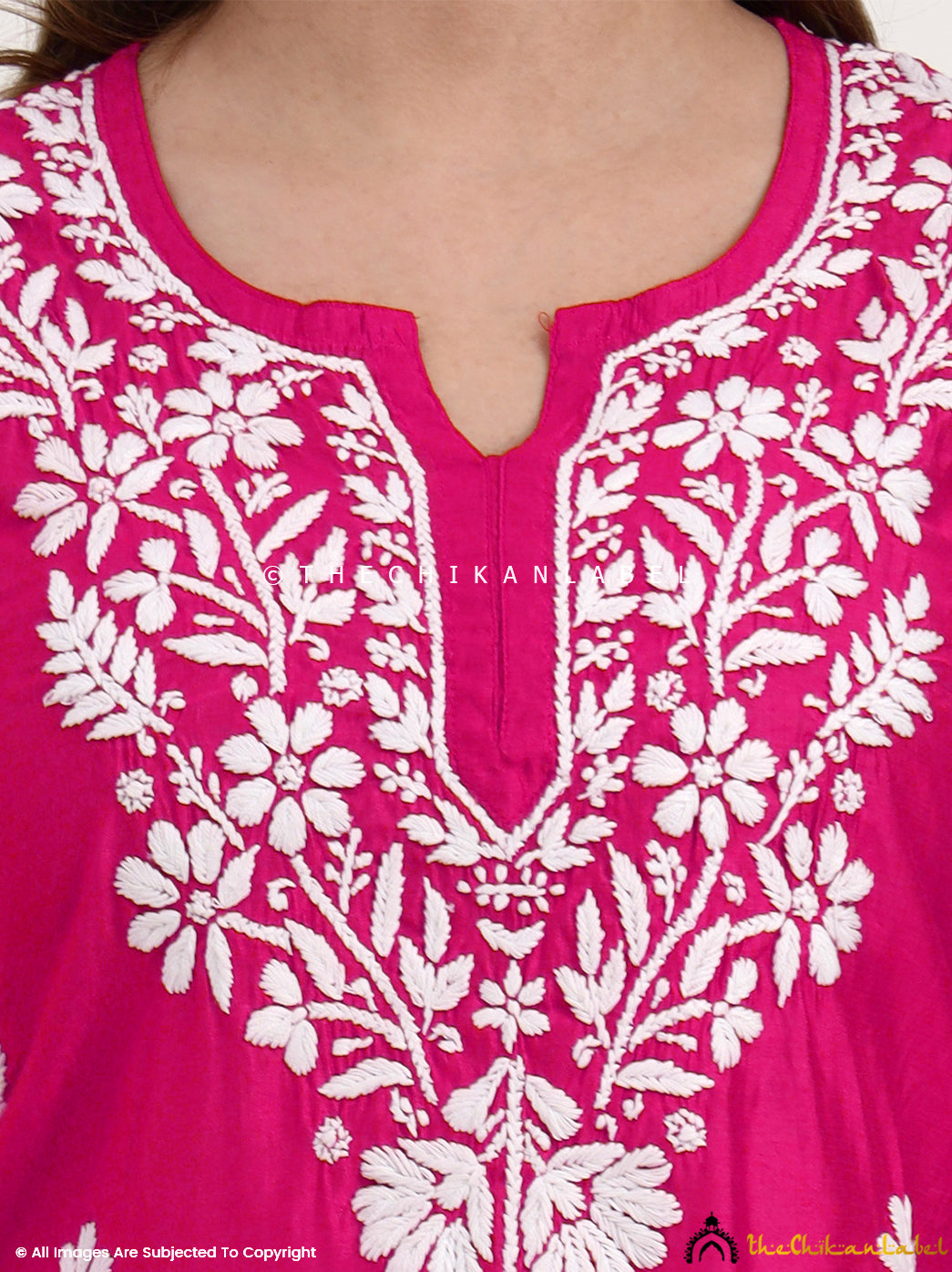 Medha Chanderi Chikankari Short Top - Hot Pink