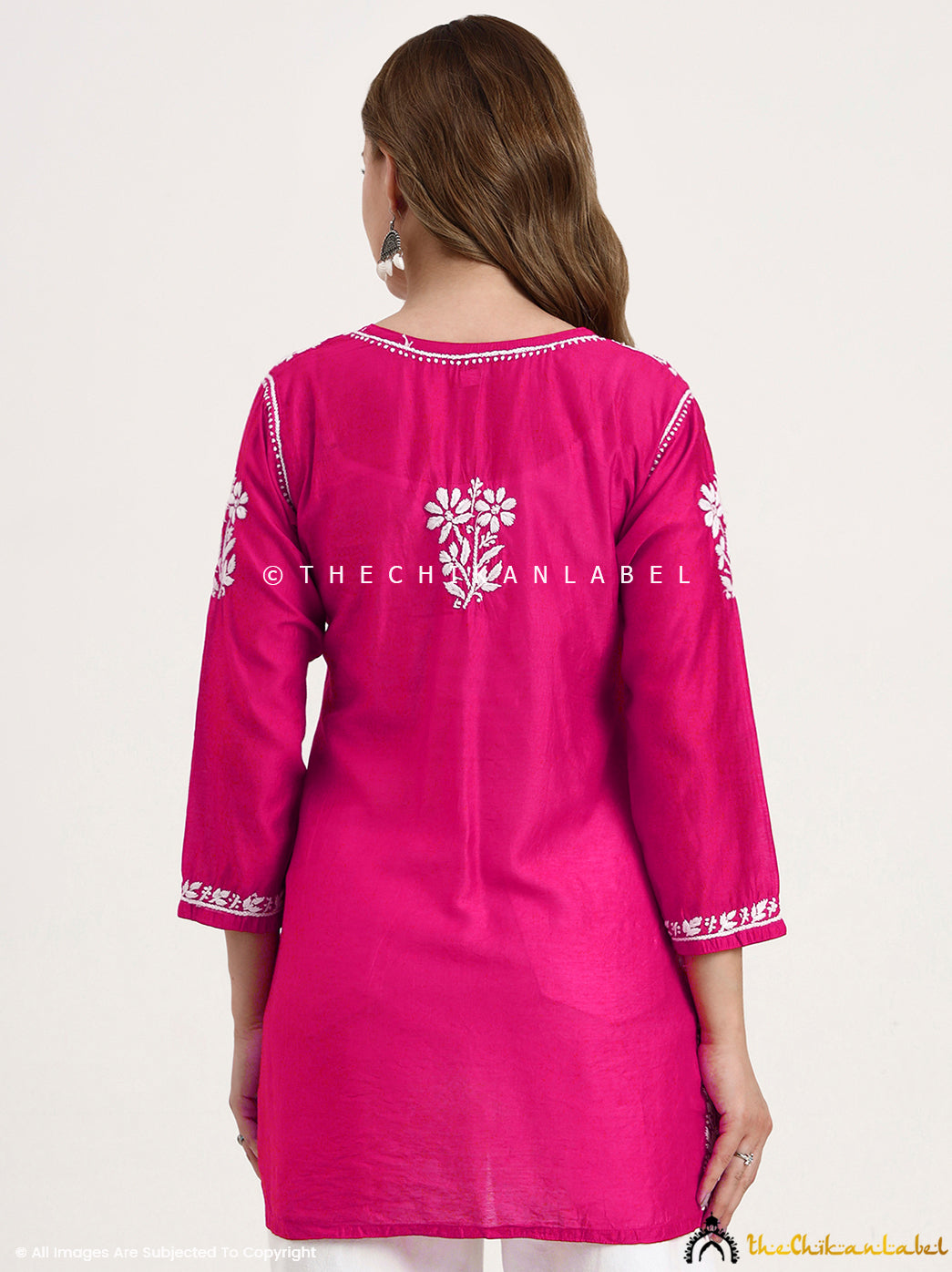 Medha Chanderi Chikankari Short Top - Hot Pink