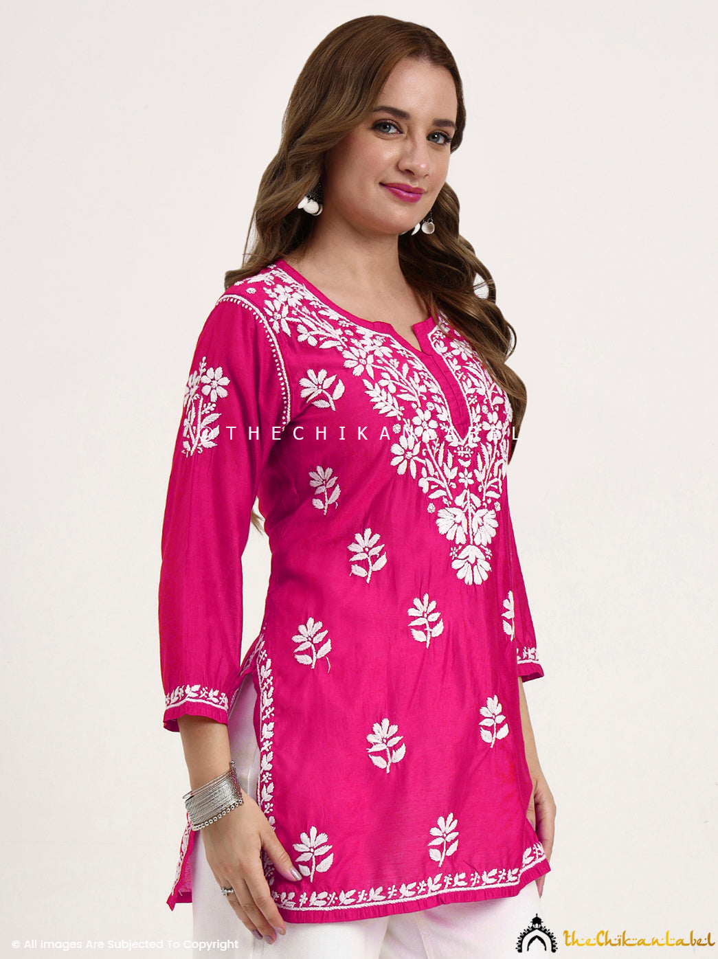 Medha Chanderi Chikankari Short Top - Hot Pink