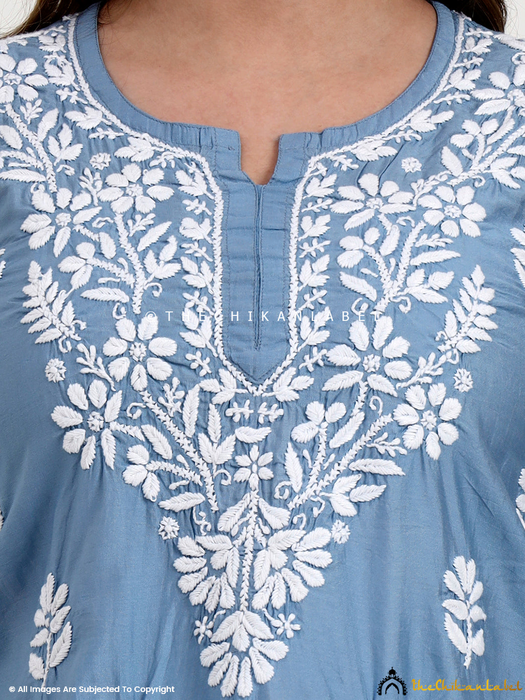 Authentic hand-embroidered chikankari short top made in premium Chanderi fabric for ethnic wear.