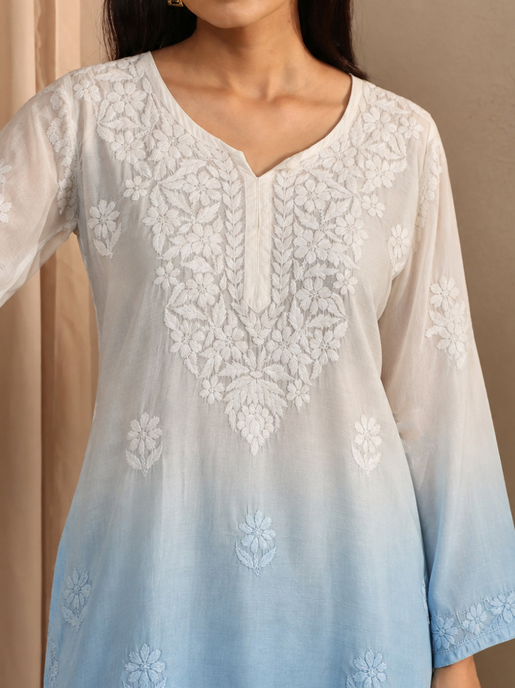 Megha Muslin Chikankari Straight Kurti - Blue