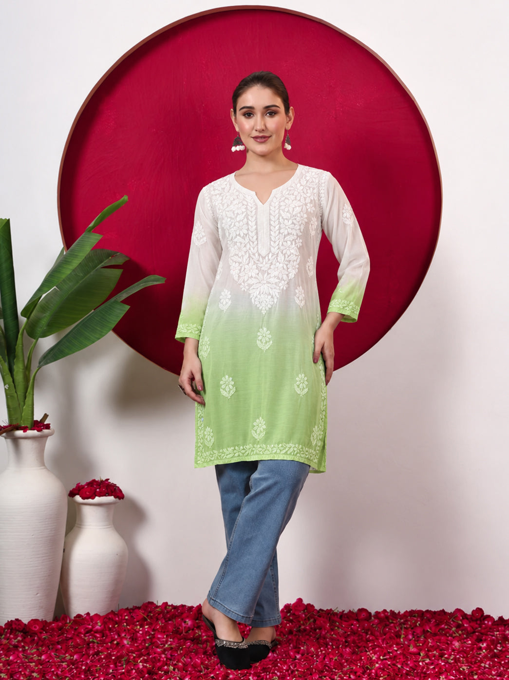 Megha Muslin Chikankari Straight Kurti - Green