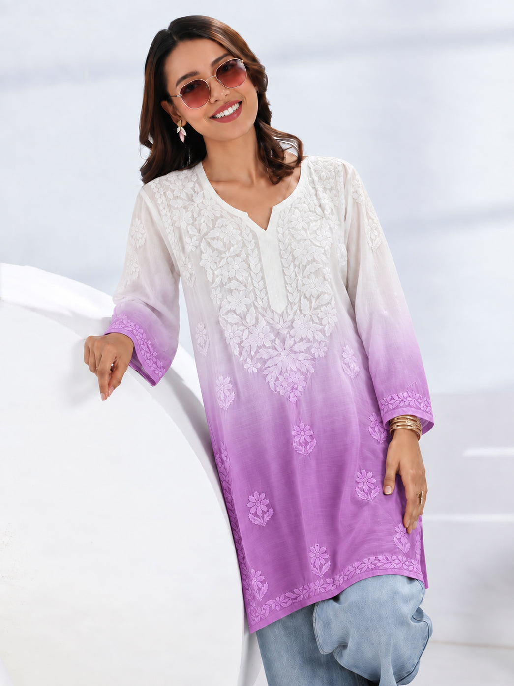 Megha Muslin Chikankari Straight Kurti - Lavender