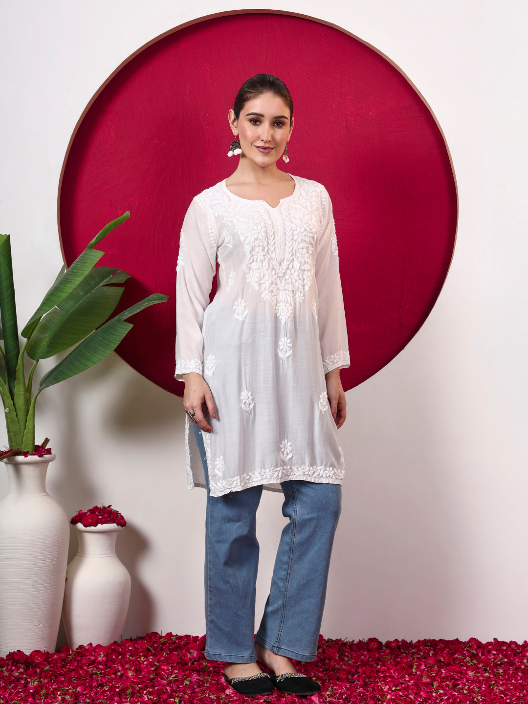 Comfortable regular wear kurti for women featuring breathable muslin fabric, elegant Chikankari detailing, full sleeves and a flattering straight silhouette.