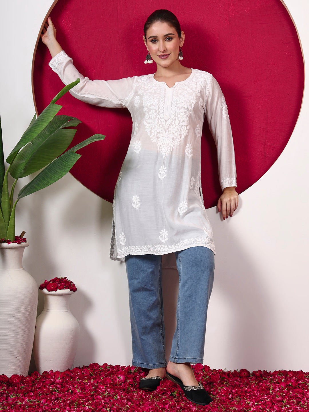 Trending kurti for women with traditional Chikankari embroidery, soft muslin fabric and an easy straight fit suitable for office, college and casual outings.