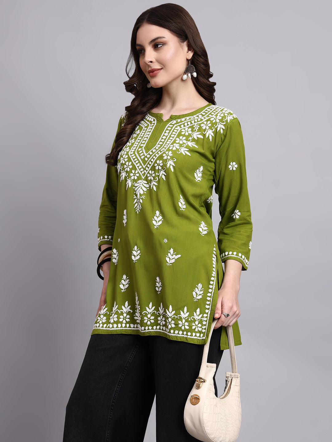 Ethnic rayon short kurta with fine chikankari embroidery on front, sleeves, and hemline