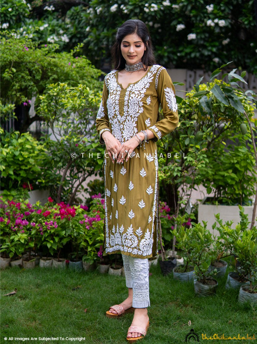 Mehndi Safa Muslin Chikankari Straight Kurti ,Chikankari Straight Kurti in Muslin Fabric For Woman