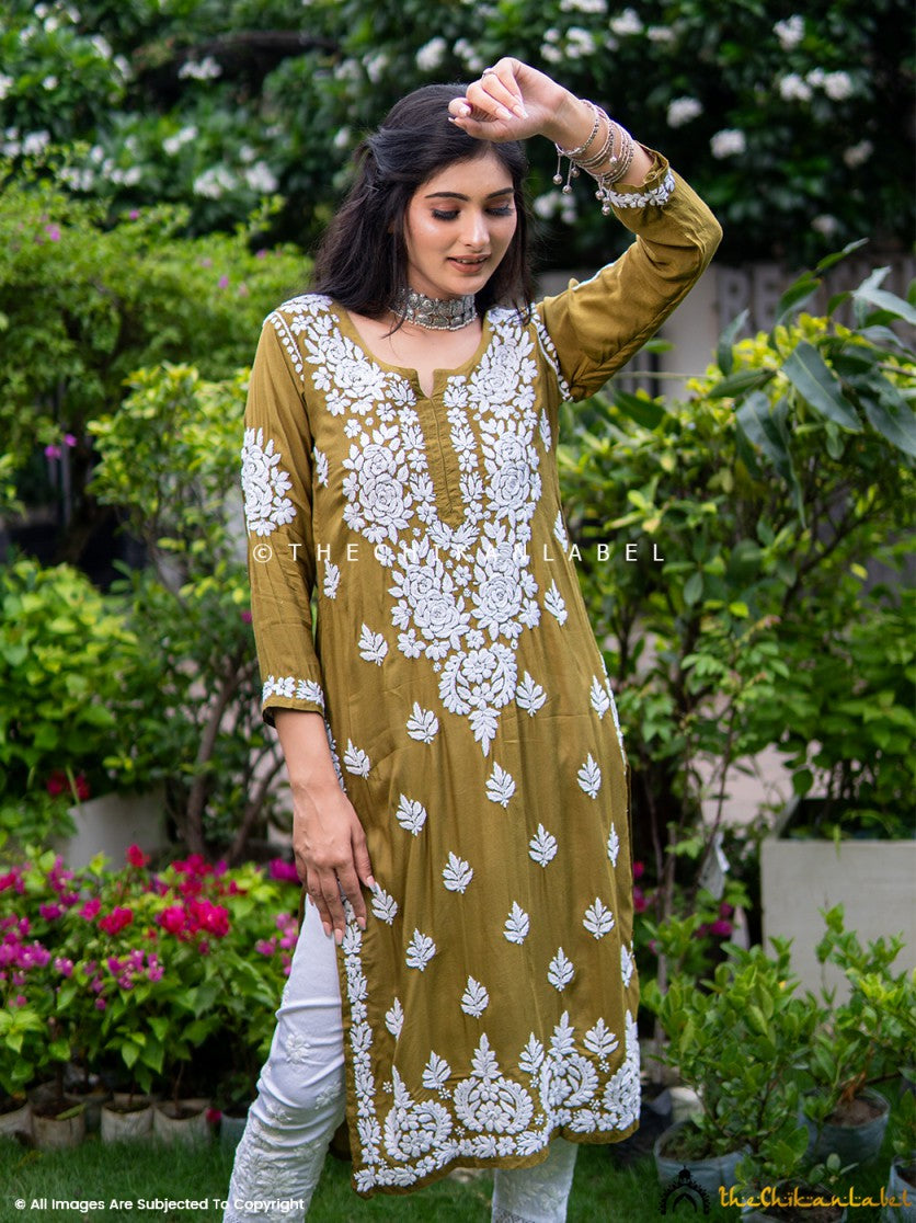 Mehndi Safa Muslin Chikankari Straight Kurti ,Chikankari Straight Kurti in Muslin Fabric For Woman