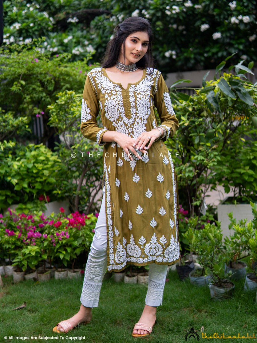 Mehndi Safa Muslin Chikankari Straight Kurti ,Chikankari Straight Kurti in Muslin Fabric For Woman