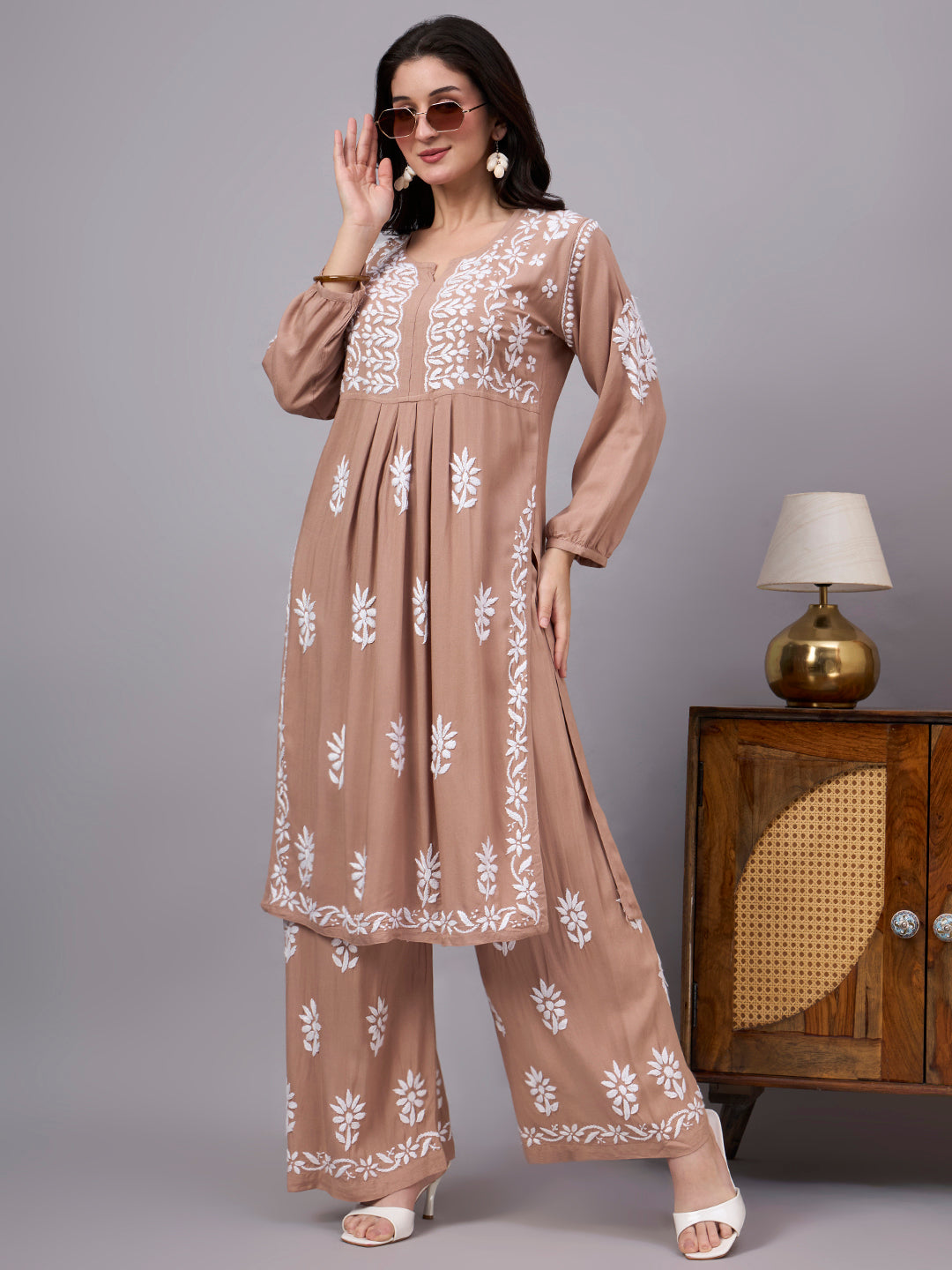 Women's Rayon A-Line Kurta Set featuring authentic handcrafted Chikankari embroidery with a matching palazzo, designed for comfortable regular wear and timeless ethnic elegance.