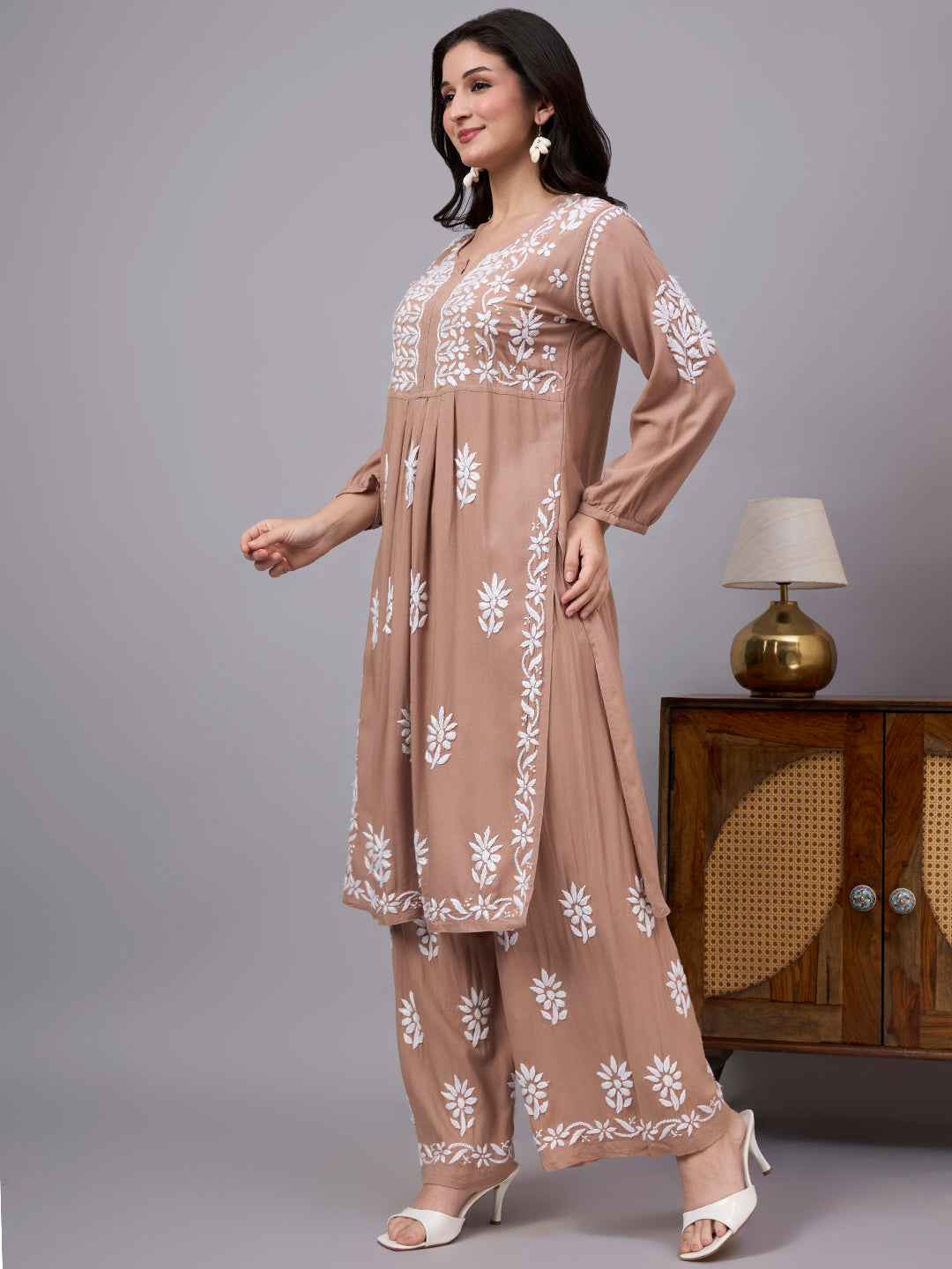 Women's Chikankari Set with artisan-crafted floral embroidery, matching embroidered palazzo, and premium rayon fabric for office wear, casual outings, and festive occasions.