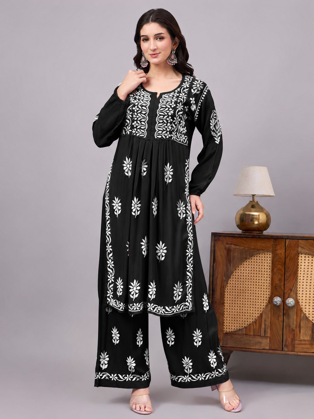 Women's Rayon A-Line Kurta Set with handcrafted artisan embroidery, classic ethnic detailing, and a matching palazzo designed for work, travel, and festive celebrations.